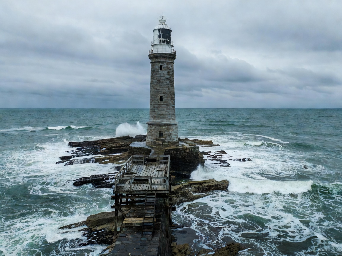 Masonry lighthouse on a tidal reef showing work platform and sea around Bell Rock
