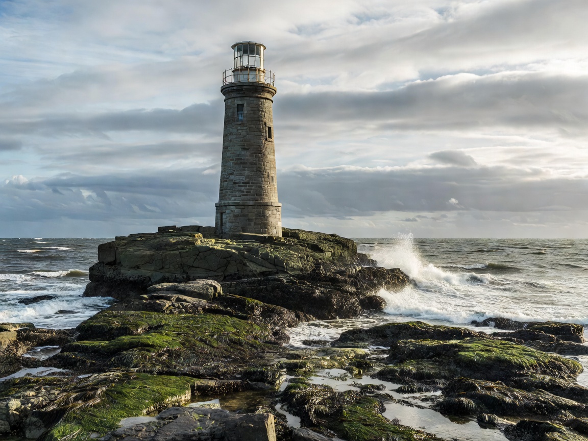 Offshore masonry lighthouse on a broad tidal rock representing Bell Rock