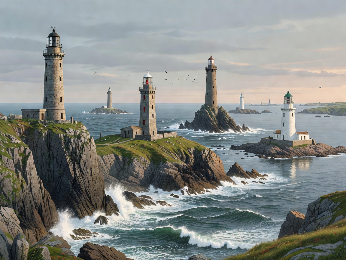 Illustrated coastal view with tall stone lighthouses around Britain and Ireland under a muted sea sky