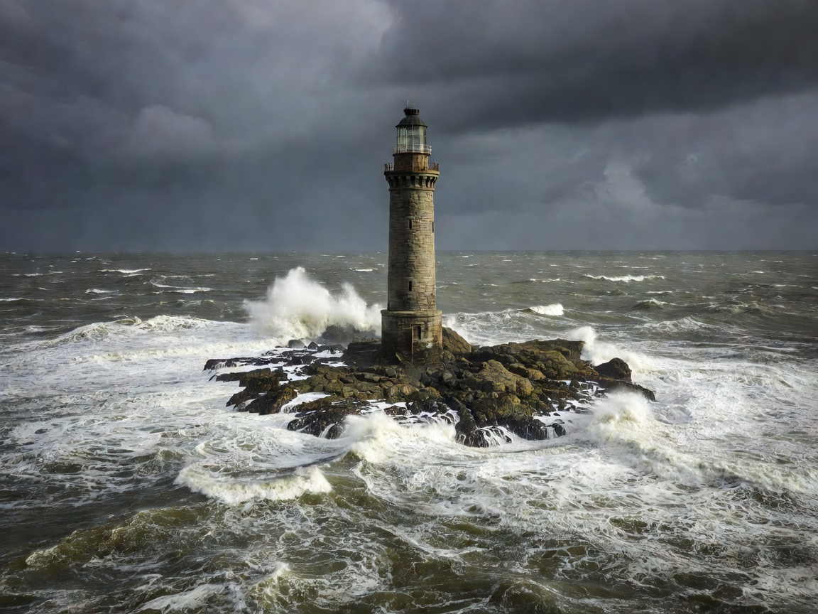 Stone lighthouse tower rising from a low reef in rough water representing Eddystone