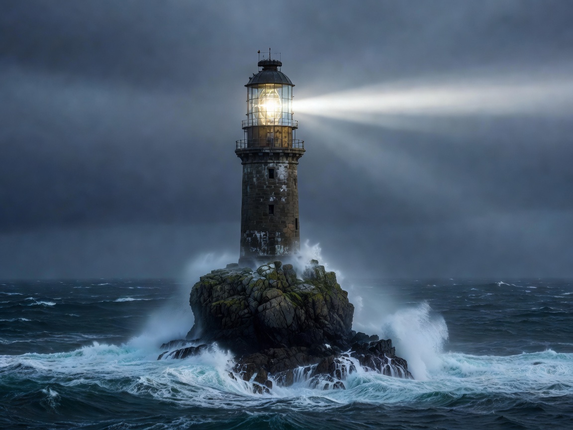 Remote sea-mark lighthouse on rock with lantern emphasis representing Fastnet