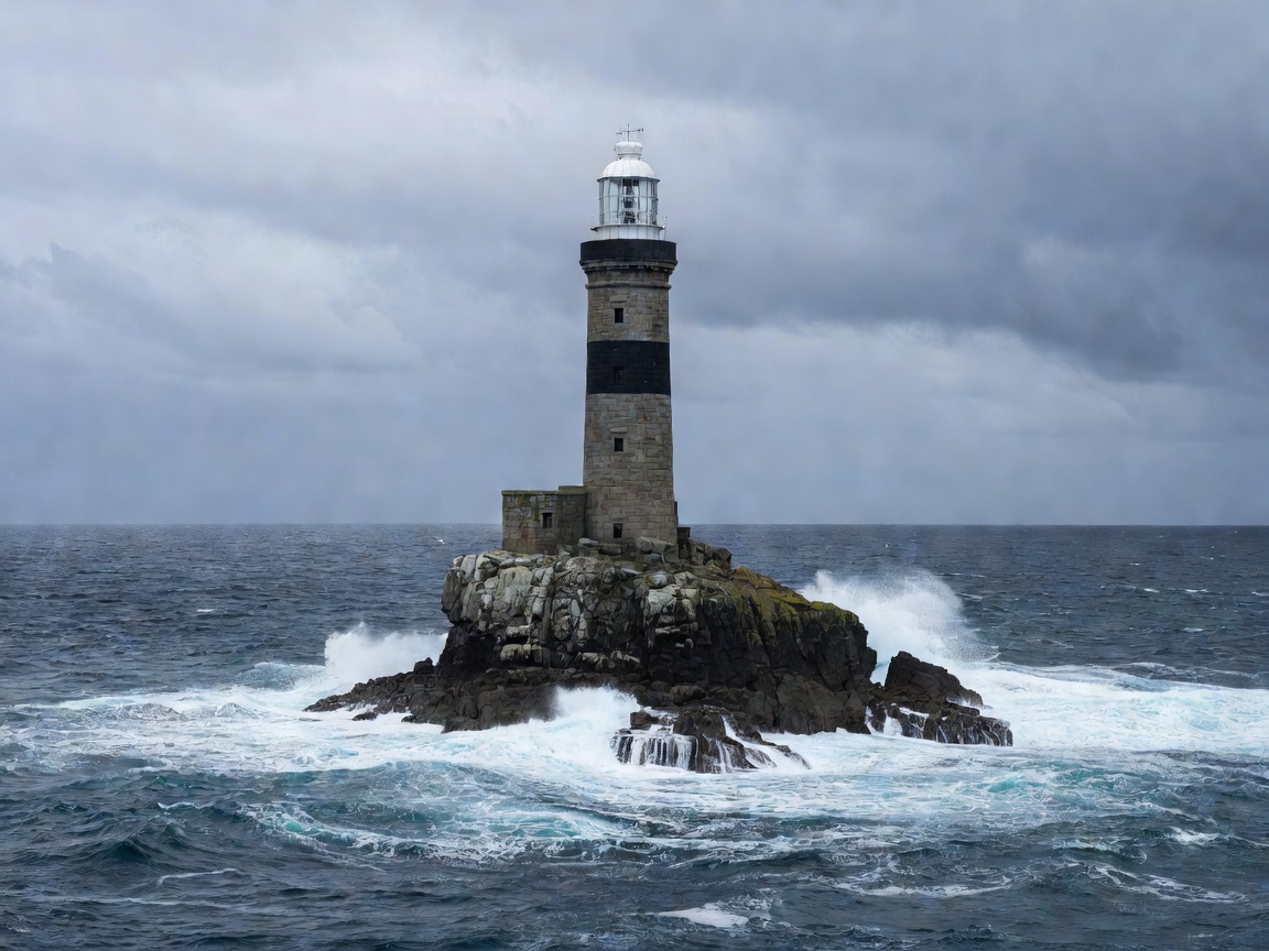 Tall lighthouse on isolated rock in open Atlantic water representing Fastnet