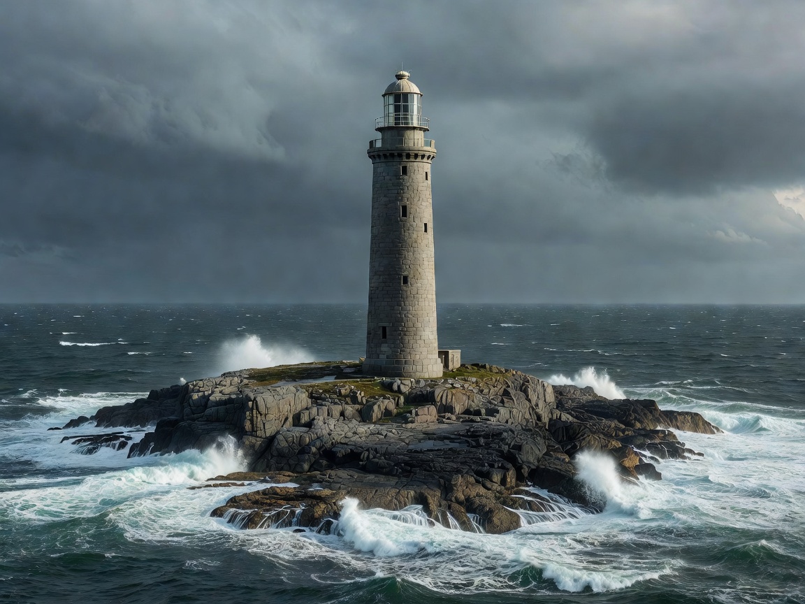 Tall granite lighthouse on remote western rocks representing Skerryvore