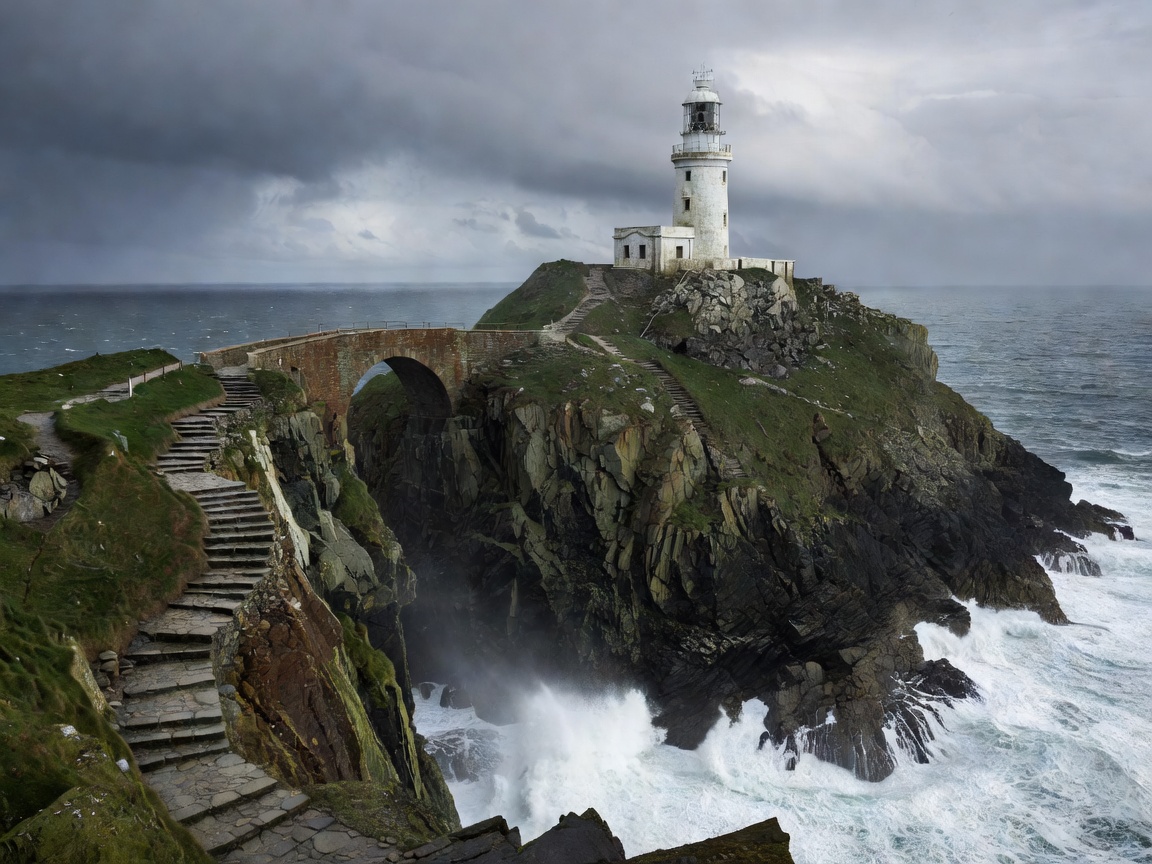 Cliffside lighthouse with bridge and steep access route representing South Stack