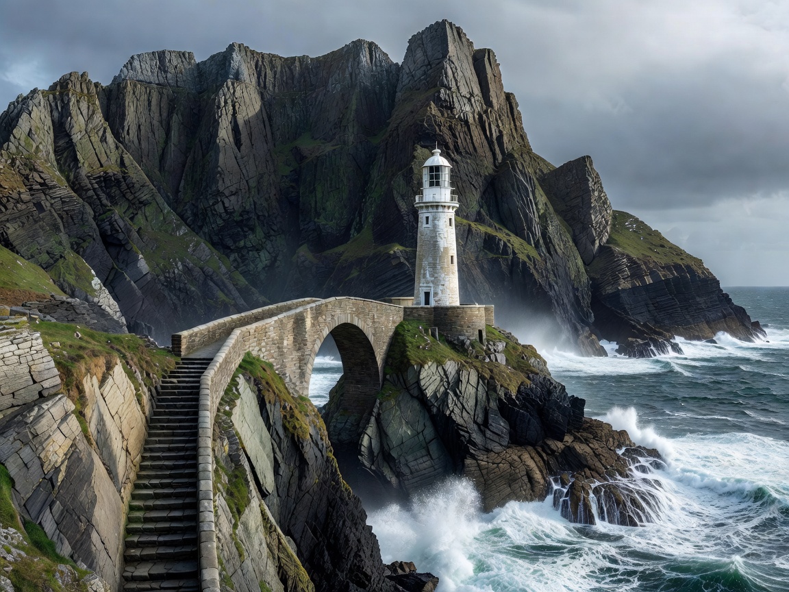 Lighthouse below steep cliffs with a narrow approach bridge representing South Stack